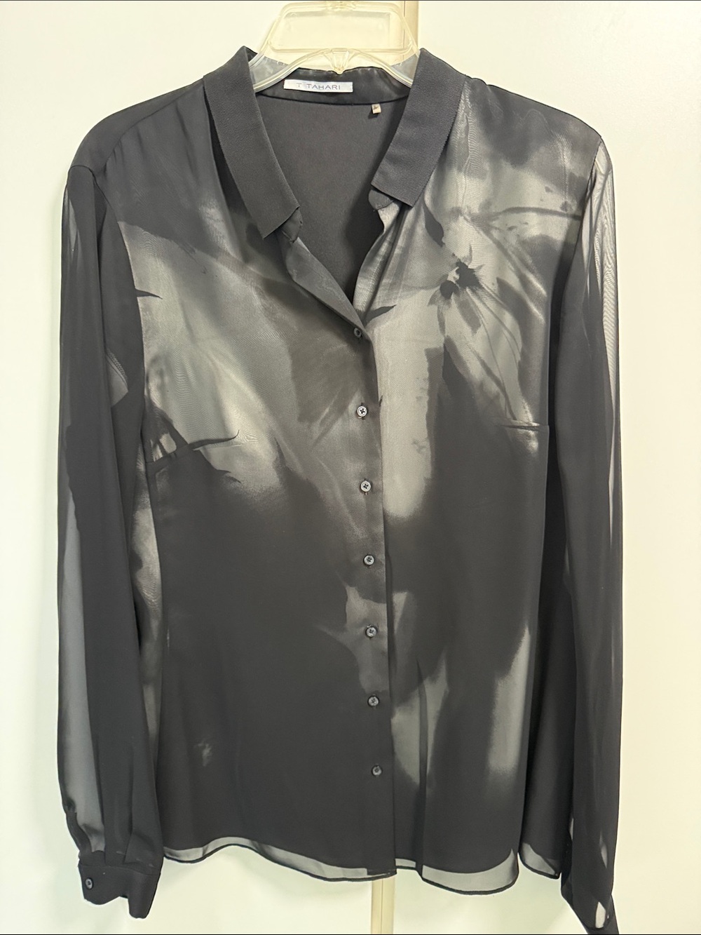 T Tahari Charcoal Black Sheer Long Sleeve Button-Front Blouse Satin Elegant L